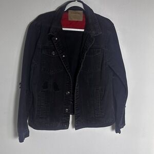 Carbon‎ Jean Jacket Womens L Bandana Distressed Graphic Black Holes Grunge Rock